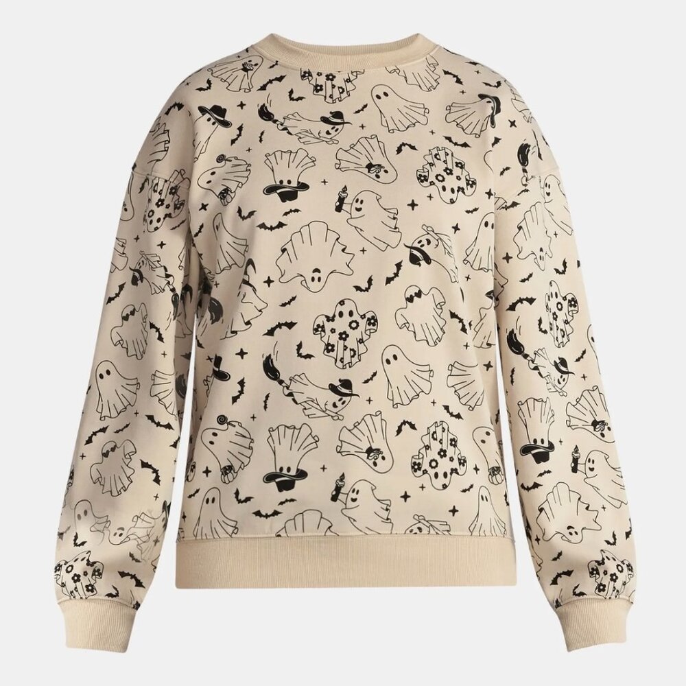HALLOWEEN Women's Happy GHOSTS Graphic Print Fleece Crewneck Sweatshirt Ghosts